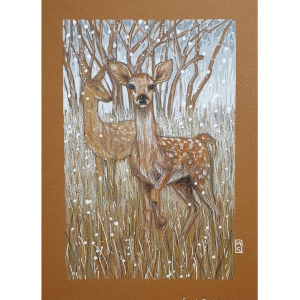 Deer in a Winter Meadow original artwork, small animal wall art, deer drawing