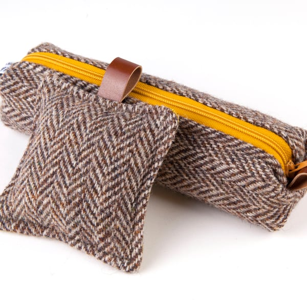 Pencil case & pin cushion set - Matching upcycled tweed
