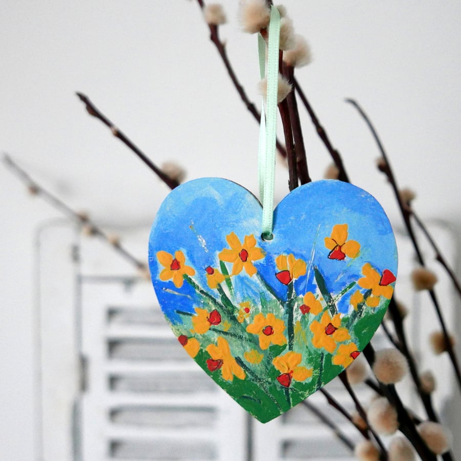 Daffodils Painting, Spring Flowers Decoration, Floral Hanging Heart