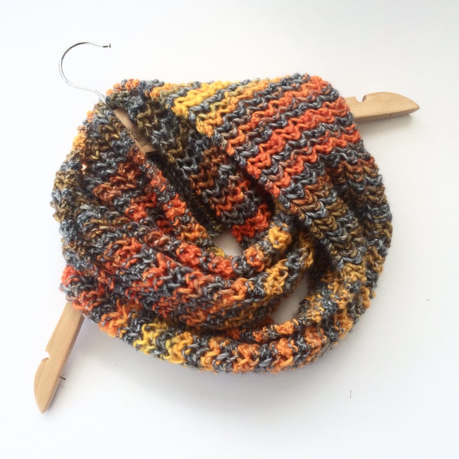 Grey Orange Striped hand knitted wool cowl scarf 