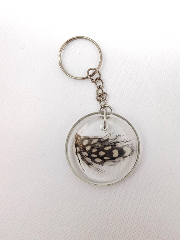 Real Guinea Fowl Feather Resin Keyring: Handmade Boho Charm
