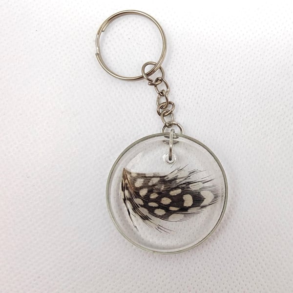 Real Guinea Fowl Feather Resin Keyring: Handmade Boho Charm