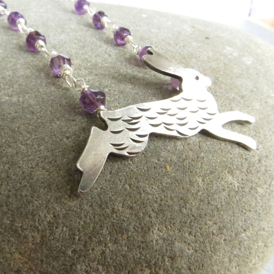 Silver Leaping Hare Necklace with Amethyst, Hallmarked, February Birthstone     