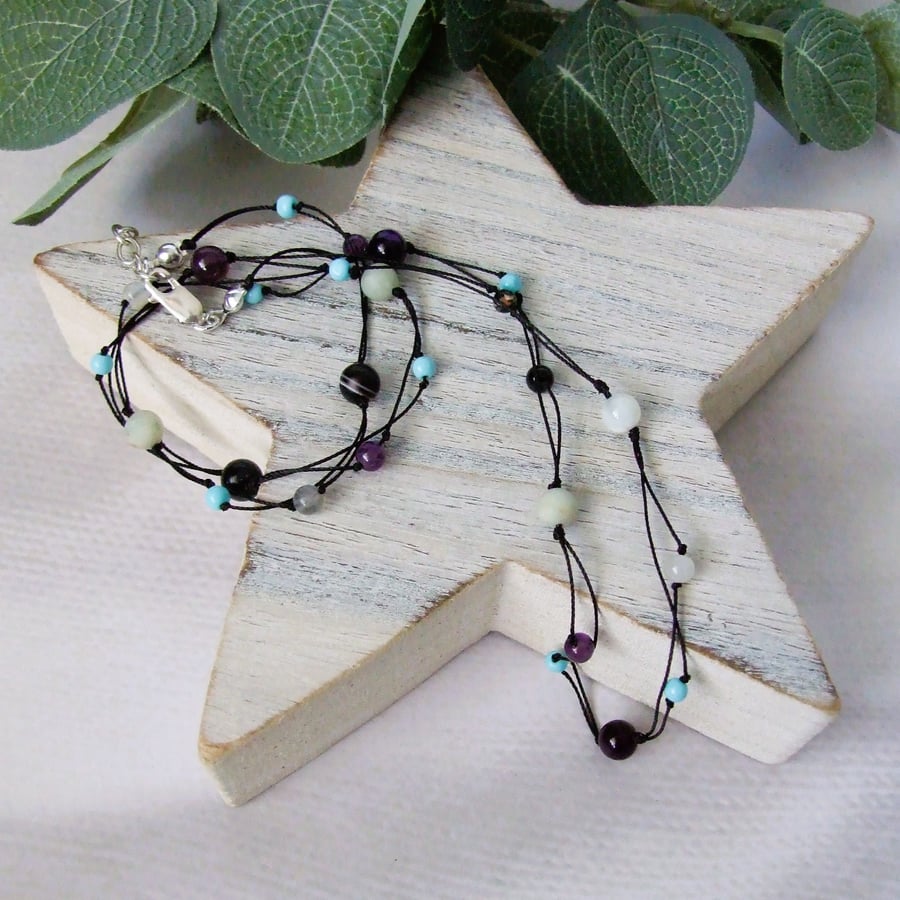 Mixed Gemstone Necklace or Wrap Bracelet on Waxed Cord