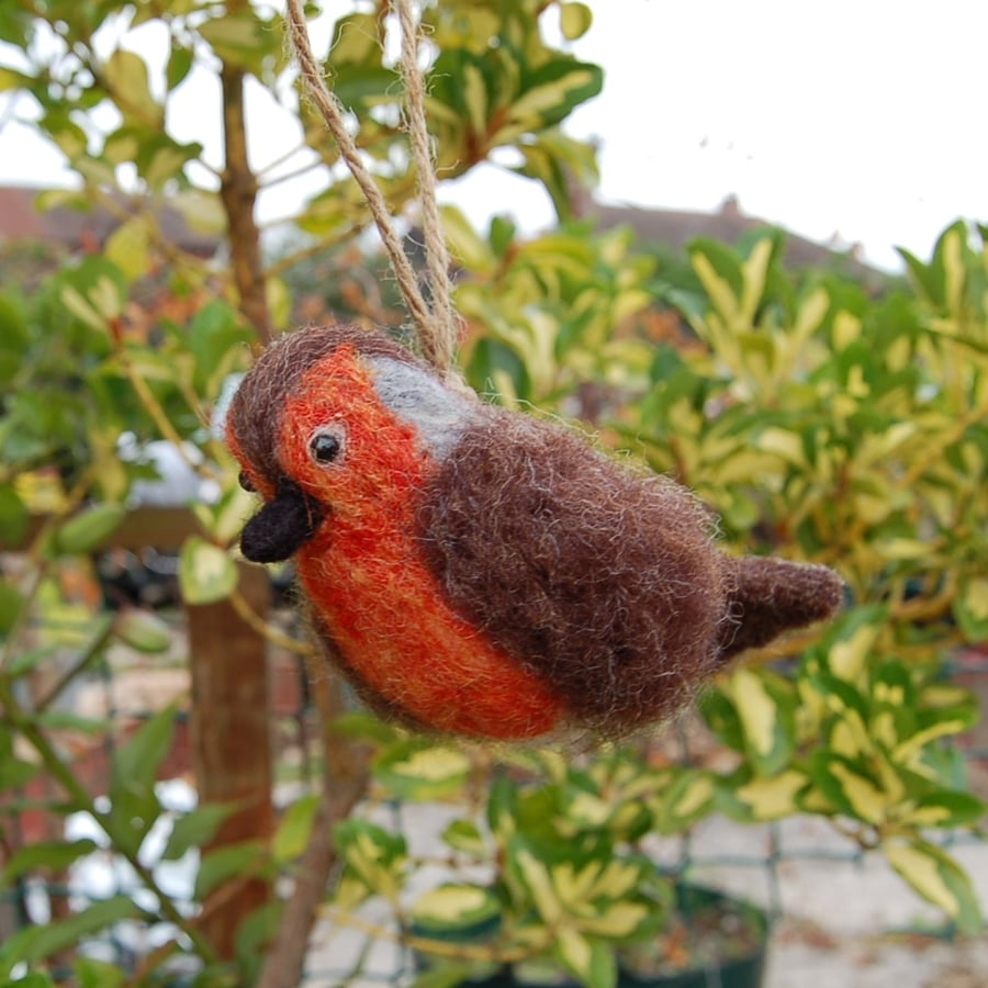 Needle Felt Hanging Robin - wool textile art 