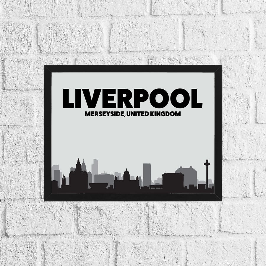 Skyline silhouette of Liverpool, Merseyside, UK, grey and black print, wall art