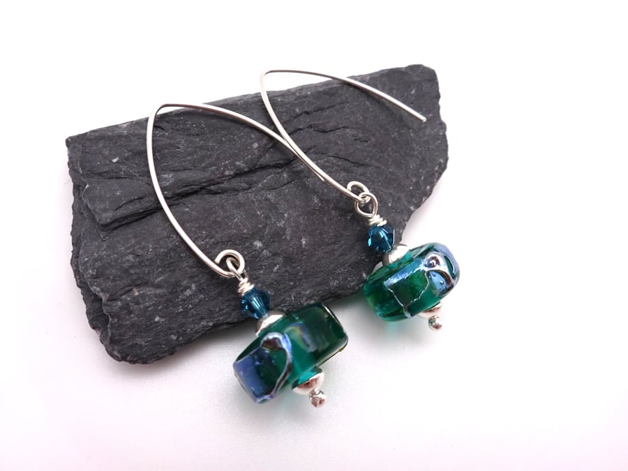 teal green and silver shard lampwork glass earrings