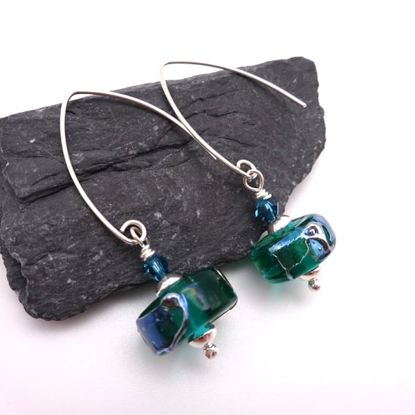 teal green and silver shard lampwork glass earrings