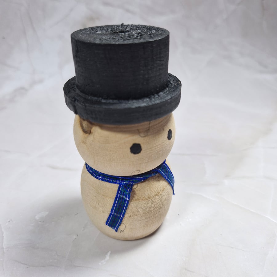 Hand Turned Wooden Snowman with Tartan Scarf