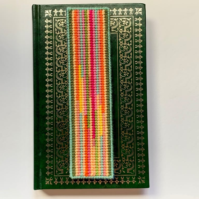Beautiful, unique hand sewn multicoloured needlepoint bookmark with felt backing