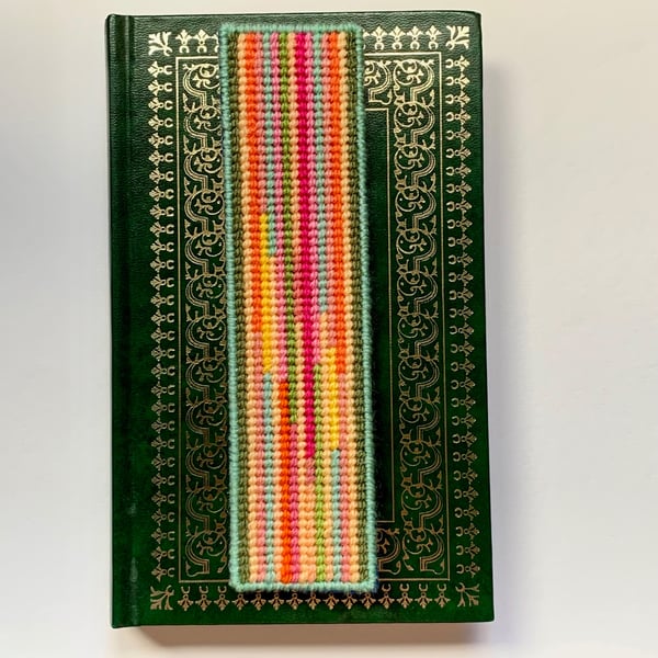 Beautiful, unique hand sewn multicoloured needlepoint bookmark with felt backing