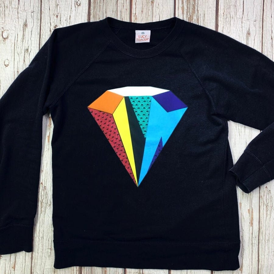 Rainbow diamond Black Graphic sweatshirt. Geometric print dark top. Casual