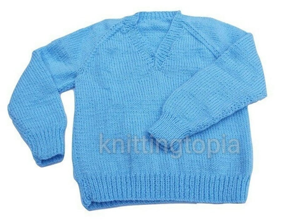 Hand-Knitted Blue V-Neck Jumper, Unisex, Fits 24 Inch Chest 