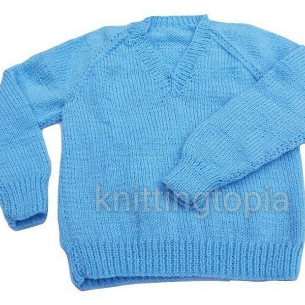 Hand-Knitted Blue V-Neck Jumper, Unisex, Fits 24 Inch Chest 