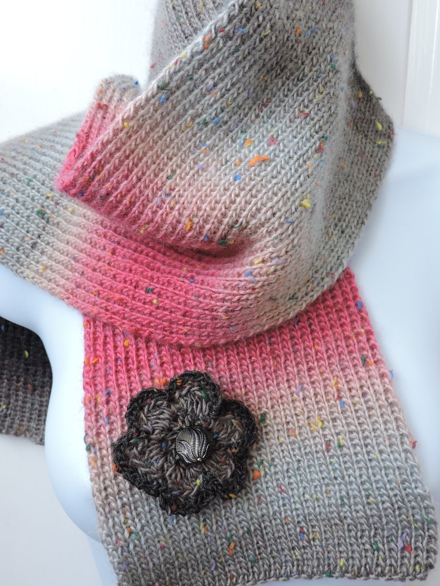  Scarf Hand Knitted in Black Grey and Pink