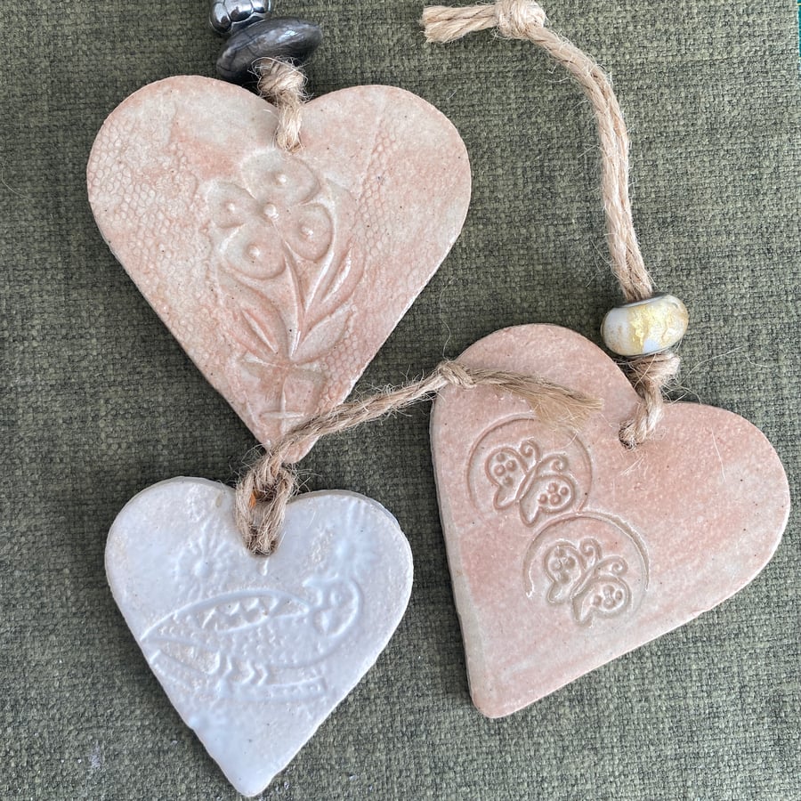 3 hanging pottery decorative hearts, - free postage
