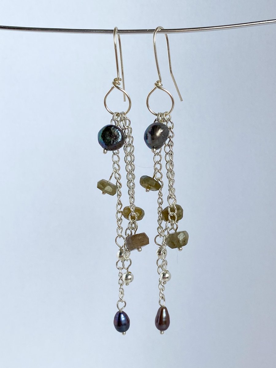 Dark multi-gem dangle earrings - made in Scotland. 