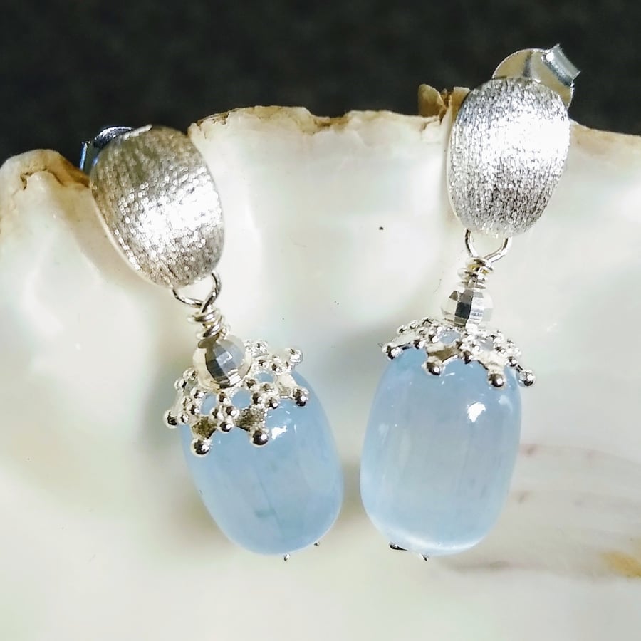 Sky Blue Selenite 925 Sterling Silver Drop Stud Earrings