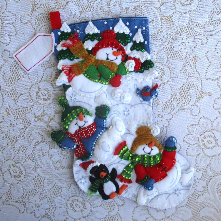 SOLD - Personalised Snowmen Stocking - Snow Fun - Christmas Stocking - Bucilla