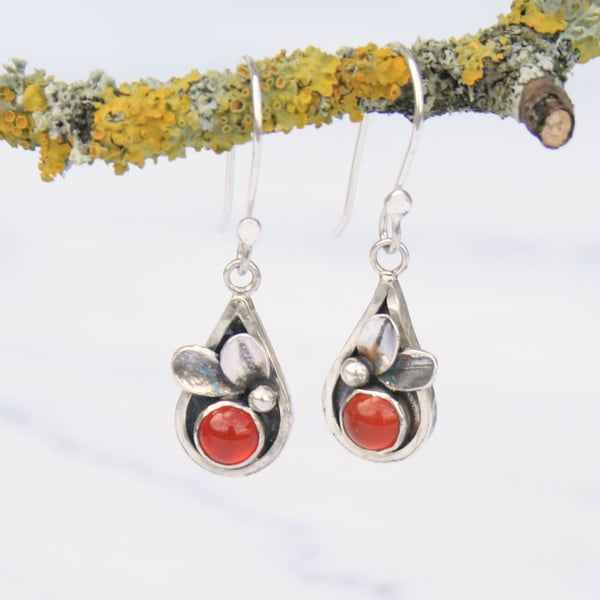 Botanical Carnelian Earrings, Sterling Silver Leaf Earrings, Silver Drop Earring