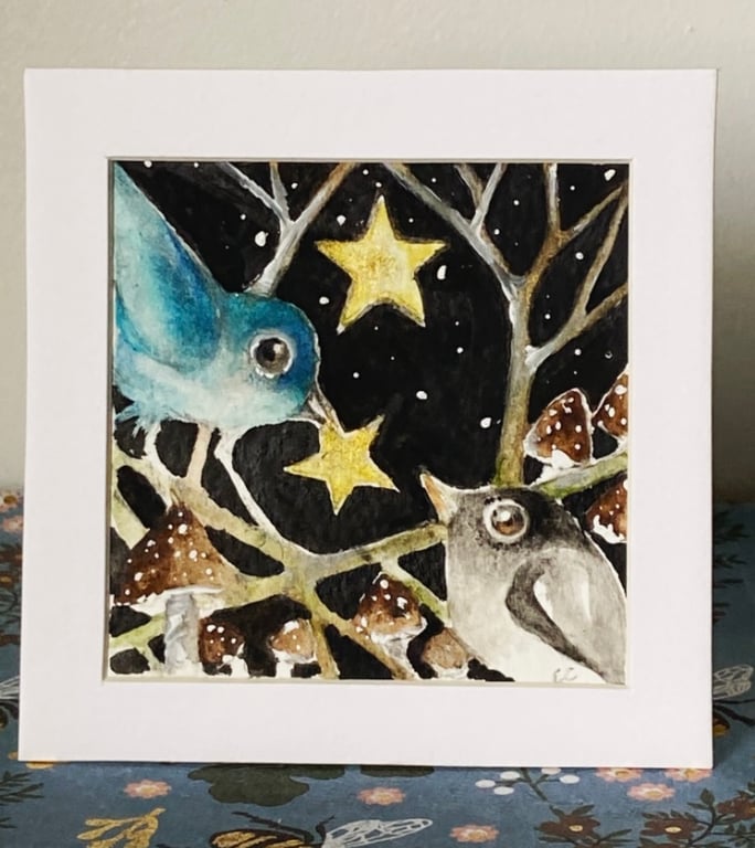 ACEO Original Birds and Stars Watercolour 