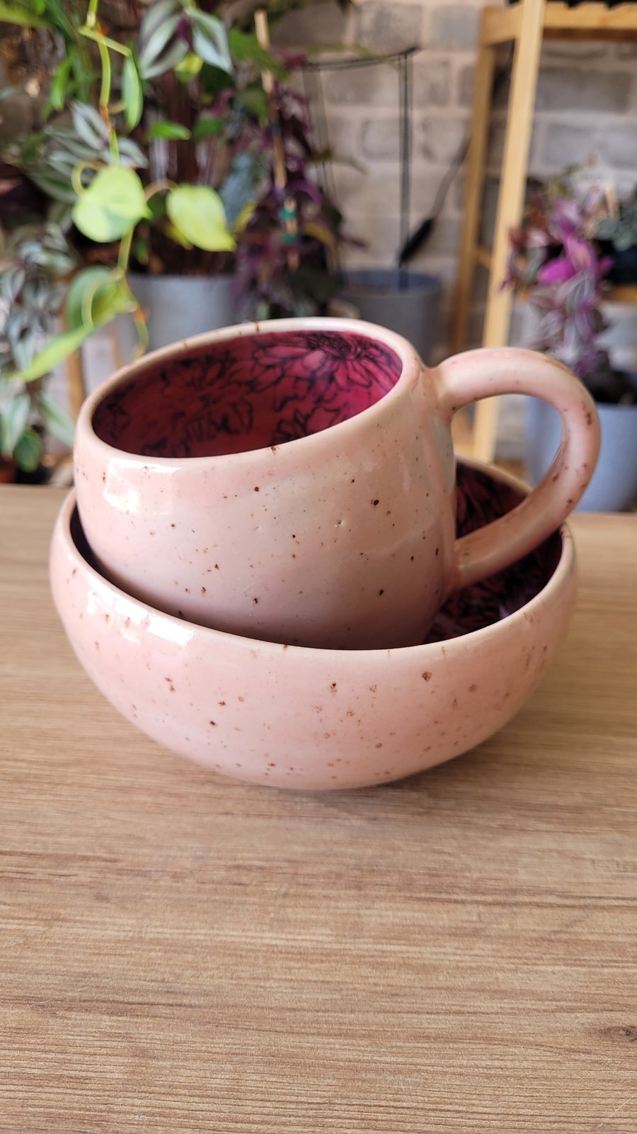 Pink Breakfast Set including Mug and Bowl with Printed Flower Pattern Homemade P