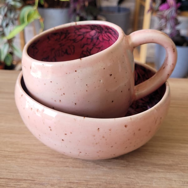 Pink Breakfast Set including Mug and Bowl with Printed Flower Pattern Homemade P