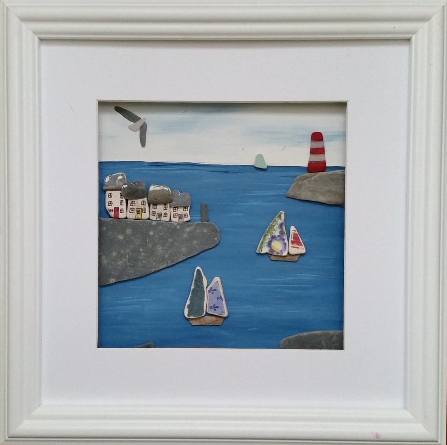Cornish Harbour Scene, Patterned Sea Pottery Yacht Sails, Pebble Art Picture