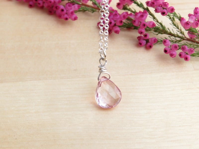 Sparkly Teardrop Rose Quartz Pink Gemstone Necklace