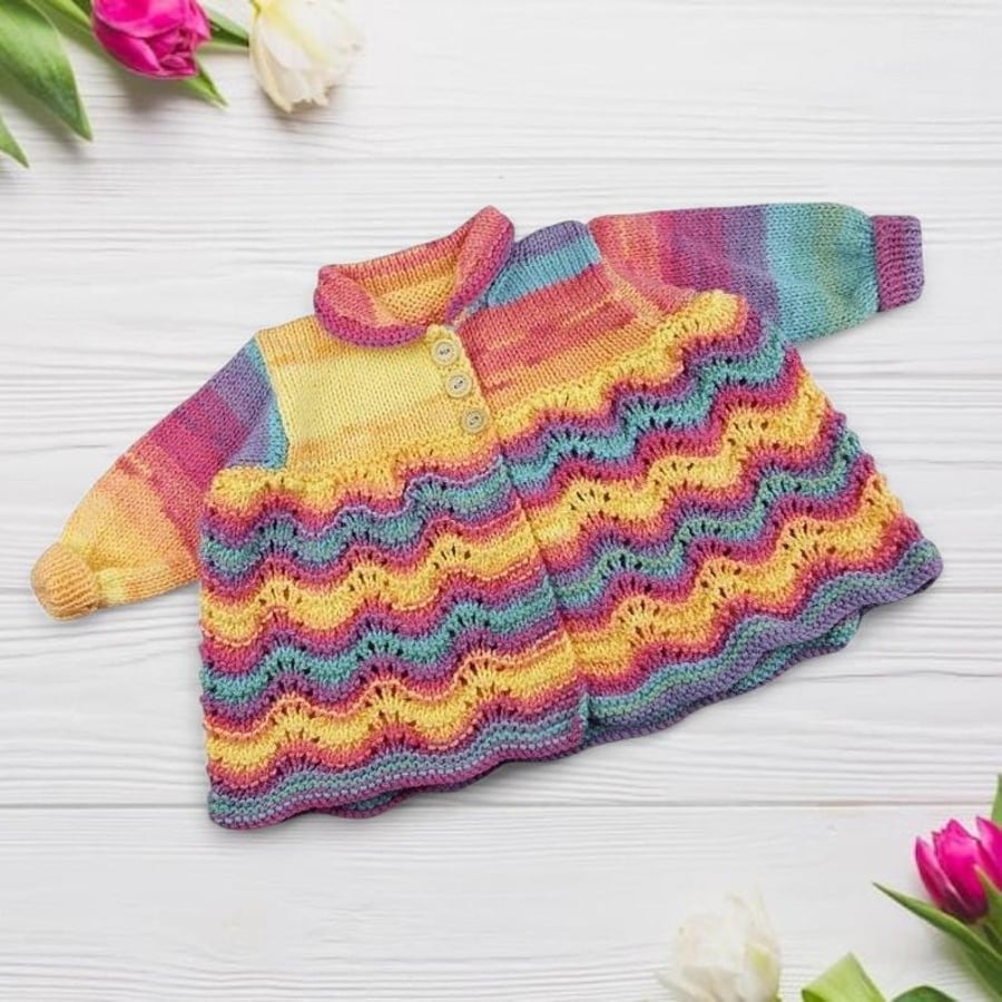 Baby Girl Cardigan 0-3 Months, Rainbow Hand Knitted Matinee Coat