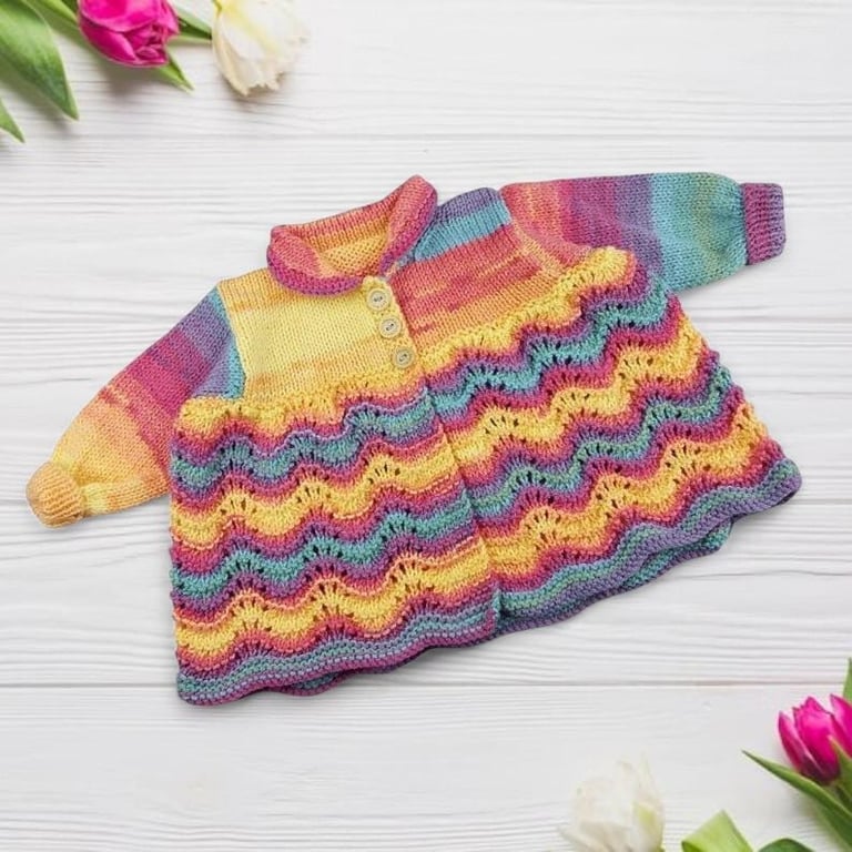 Baby Girl Cardigan 0-3 Months, Rainbow Hand Knitted Matinee Coat