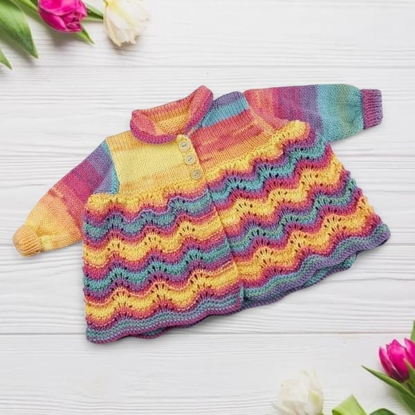 Baby Girl Cardigan 0-3 Months, Rainbow Hand Knitted Matinee Coat