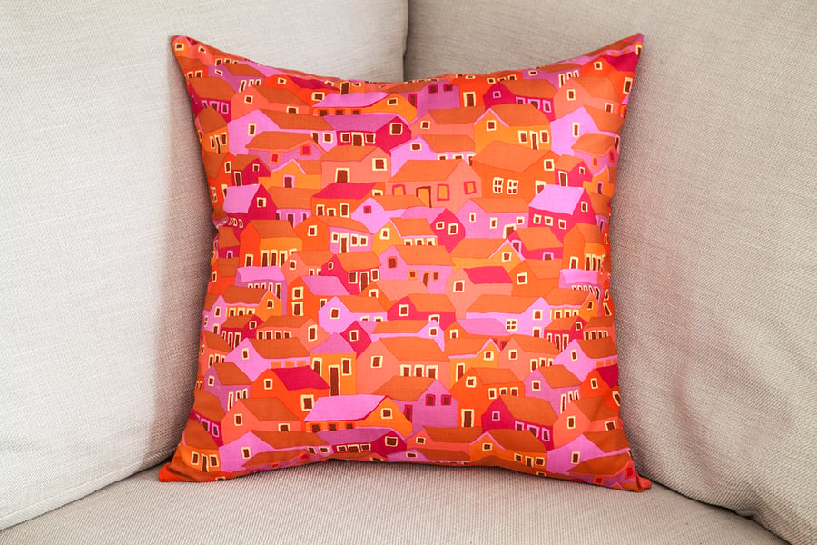 Colourful Houses Cushion Cover 18" inch house warming gift orange pink purple 