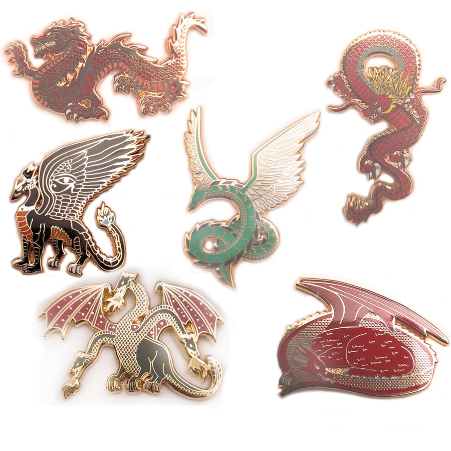 6 x Dragons of the World hard enamel pin badges