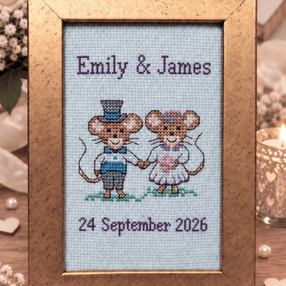 Handmade Cross Stitch Personalised Bride & Groom Wedding Keepsake – 6x4"