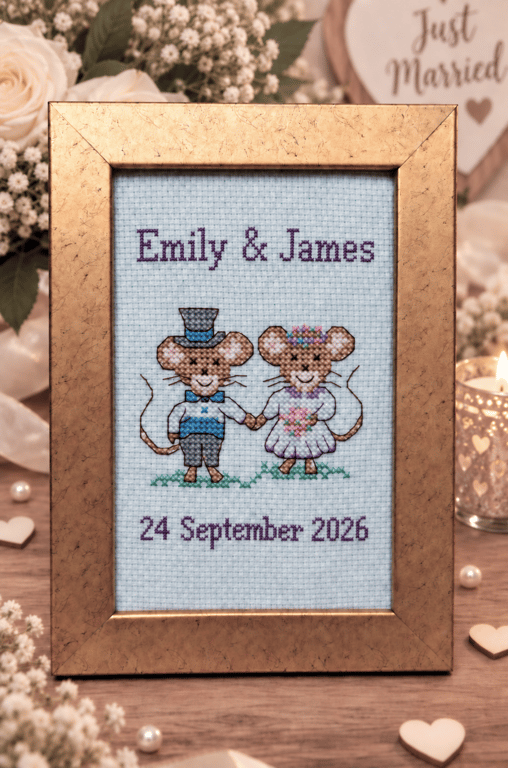 Handmade Cross Stitch Personalised Bride & Groom Wedding Keepsake – 6x4"