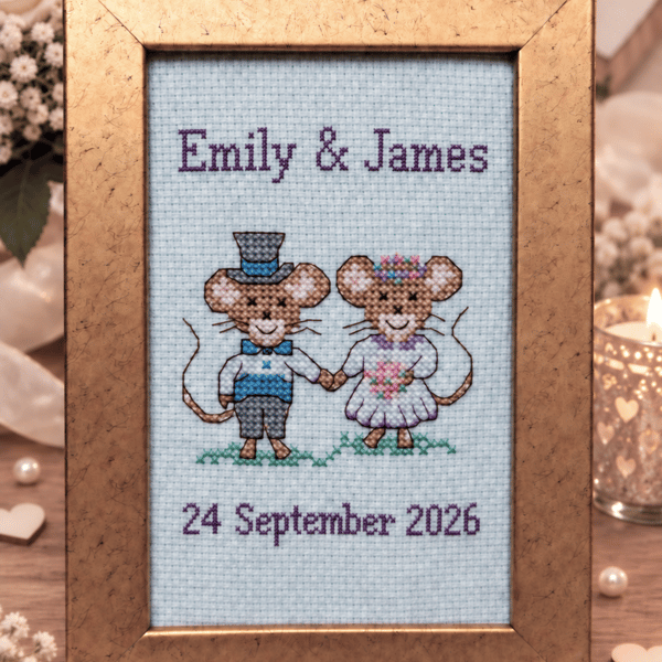 Handmade Cross Stitch Personalised Bride & Groom Wedding Keepsake – 6x4"