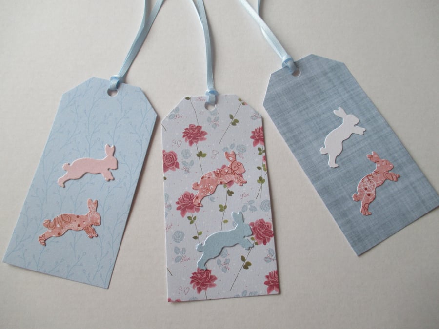 Gift Tag x 3 Bunny Rabbit Present Blue New Baby Boy Girl Birthday