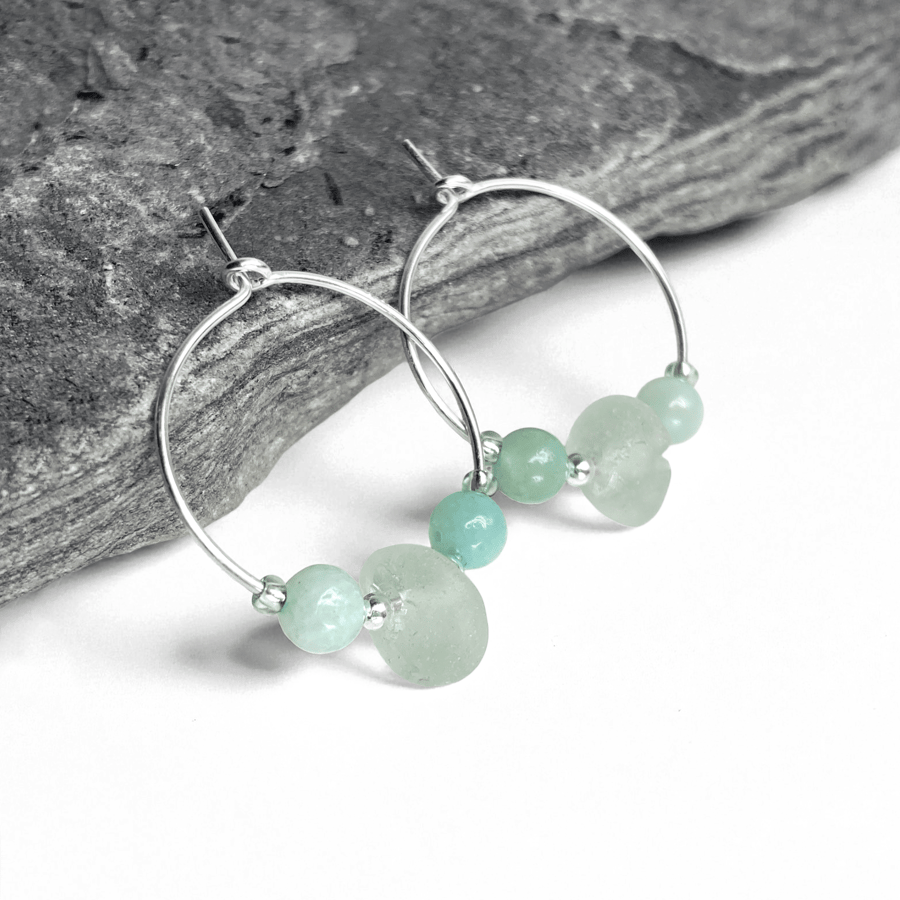 Sea Glass Hoop Earrings. Small Green Sterling Silver Amazonite Beaded Hoops