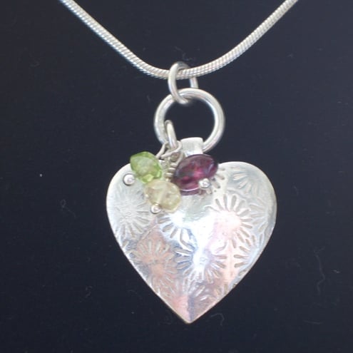 Silver Patterned Heart Pendant with Citrine, Peridot & Garnet