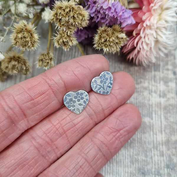 Sterling Silver Floral Pattern Heart Stud Earrings