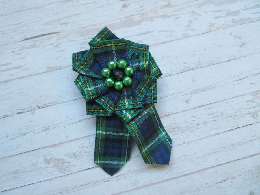 Campbell Green Tartan Ruffle Rosette Mini Brooch Pin Scottish Burns Night 