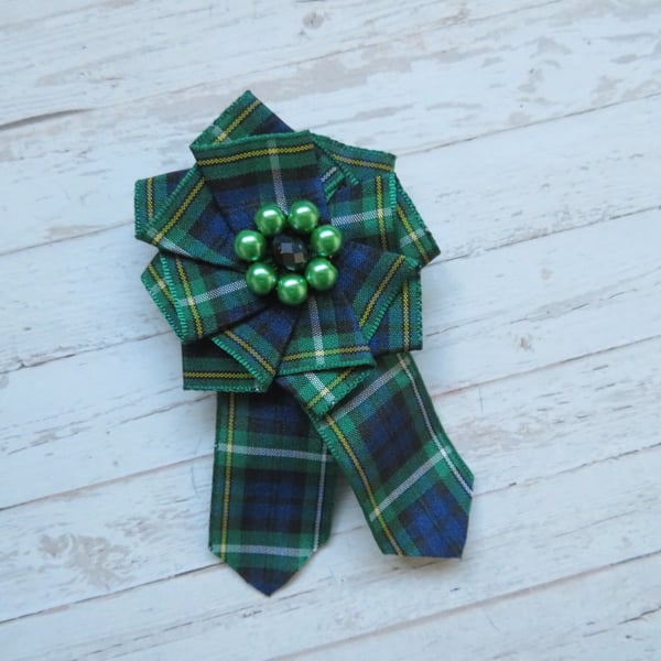 Campbell Green Tartan Ruffle Rosette Mini Brooch Pin Scottish Burns Night 