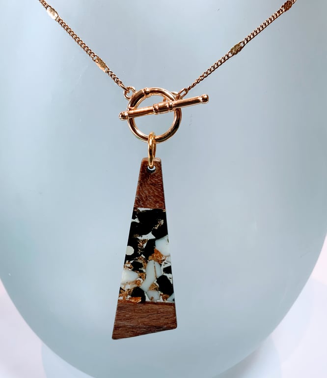 Resin & Walnut Trapezoid  Pendant Charm Necklace.