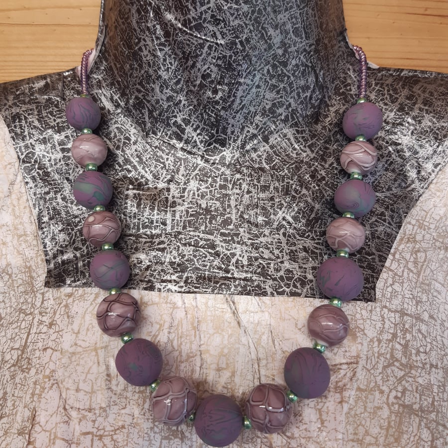 Elegant mauve and green polymer clay necklace