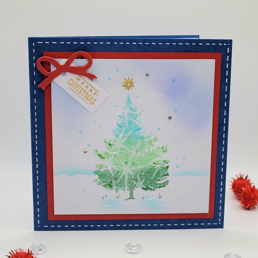 Christmas Tree Card and Gift Tag - Blue Card, Tree, Snow, add Tag option