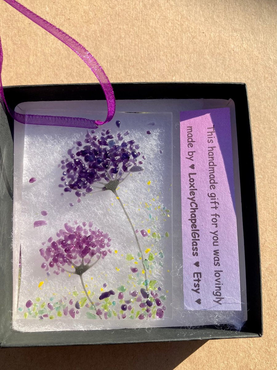 Small Fused glass twin Violet and purple whimsical Jewels Flower Sun catcher app