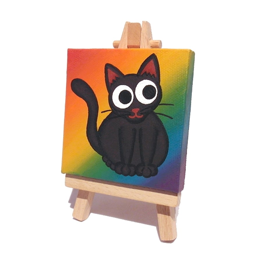 Sold Cute Black Cat Painting on Rainbow Mini Canvas