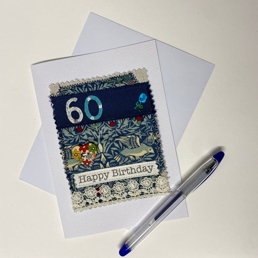 60th birthday card, William Morris fabric,  free postage 