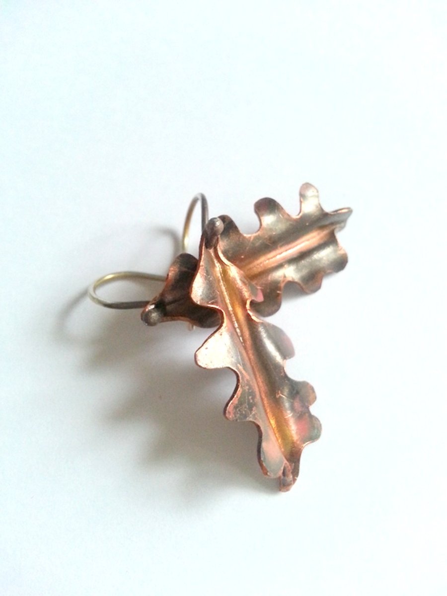 Oak leaf copper small sterling silver hook earrings